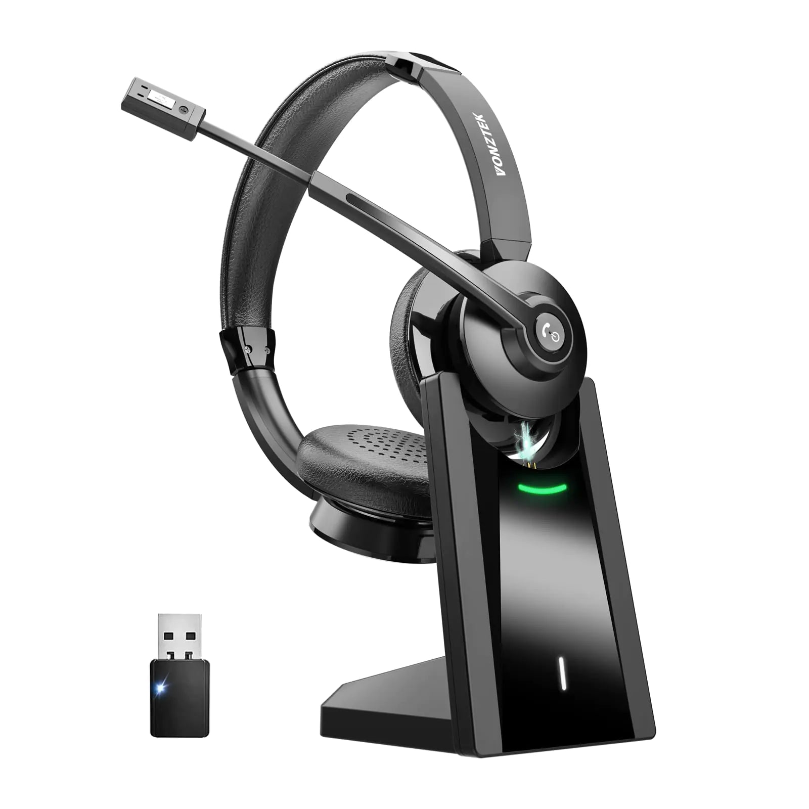 Casque Bluetooth sans fil avec microphone, réduction de bruit, base de chargement, sourdine de micro et dongle USB V5.0, idéal pour travail/centre d'appels/téléphone/PC/Teams/Zoom