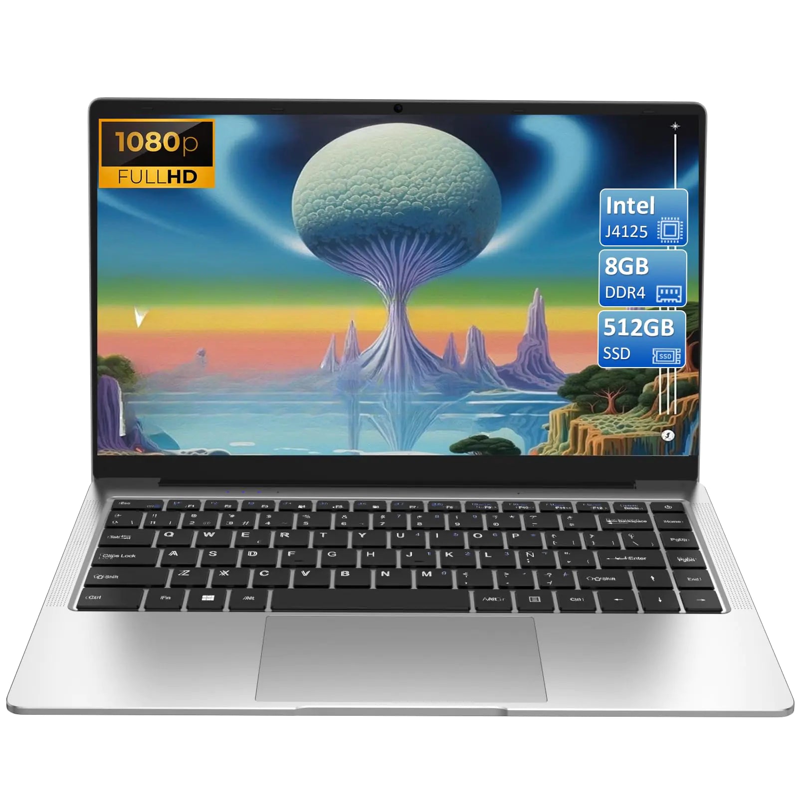 Ordinateur Portable 14 Pouces avec Écran FHD 1920×1080, Quad-Core Intel Celeron J4125 (jusqu'à 2.70GHz), 8 Go RAM, SSD 512 Go, Latops pour Étudiants et Bureau, Batterie 34WH, WiFi 2.4/5G, Webcam, USB 3.0, Mini HDMI