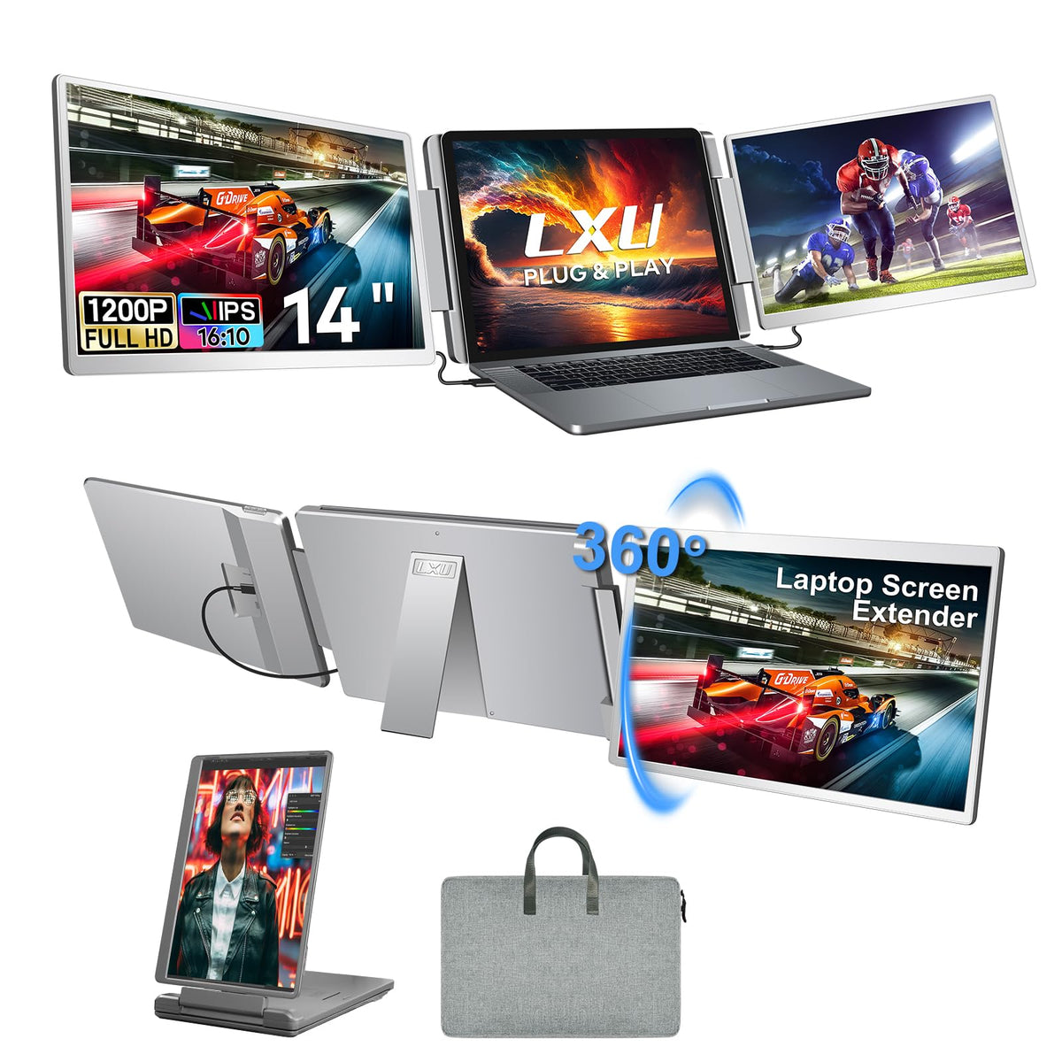 Extenseur d'écran de laptop 14 pouces, Monitor Triple Portable pour laptops de 12"-17" Plug & Play |sRGB 100% |1200 |16:10 | FHD IPS | Moniteurs triples portables pour jeux avec ports HDMI/USB C